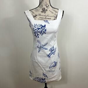 Launch Square neck wide strap white and blue sea themed bodycon mini dress